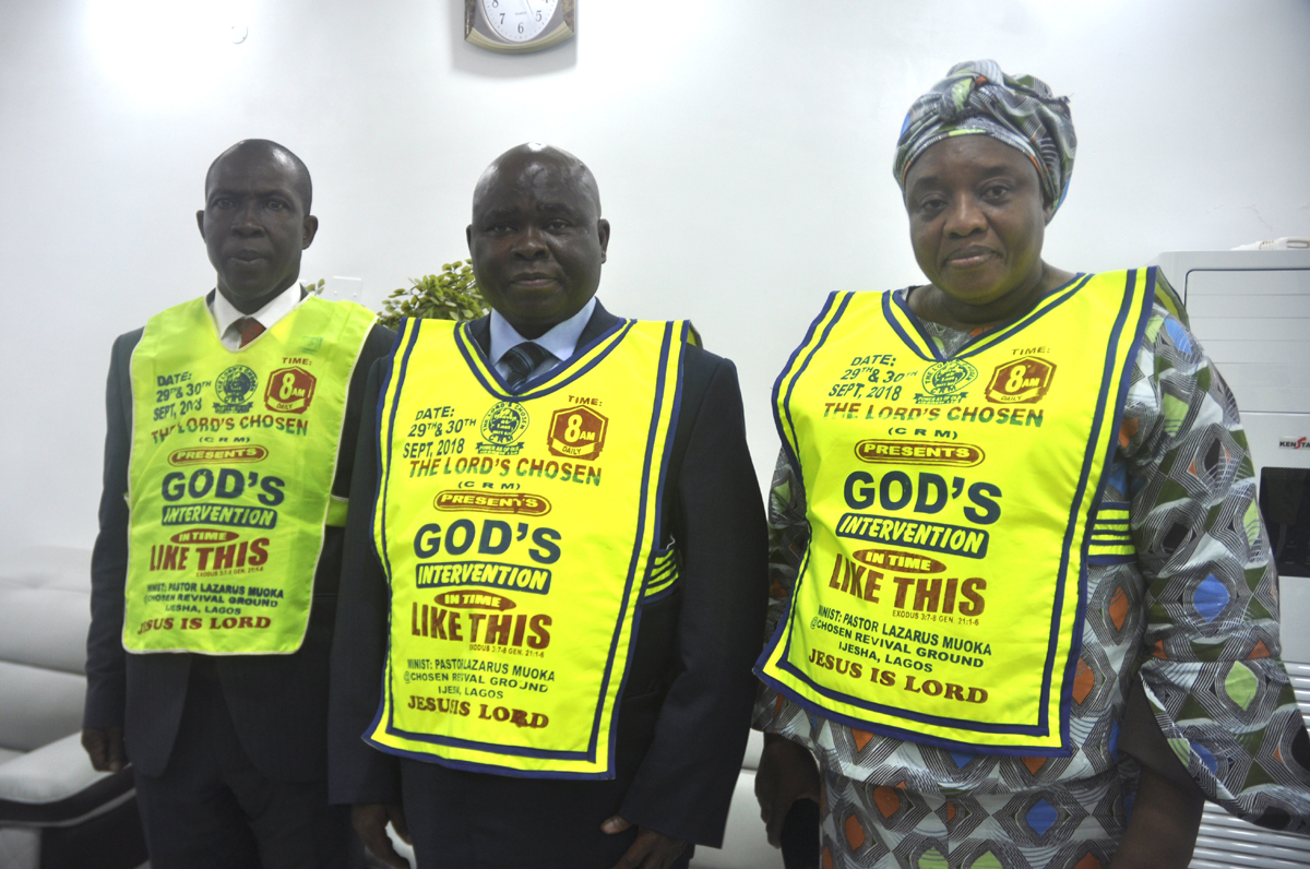 L-R: Head, Public Relations and Media, The Lord;s Chosen Charismatic Revival Ministries, Pastor Chidi Louis, General Overseer, Pastor Lazarus Muoka, his wife Pastor Joy Muoka, at a two days holy Ghost inspired programme theme’ God’s intervention in time like this ‘ held at Chosen revival Ground Ijesha Lagos Pix by CHINYERE IKEANYI L-R: Head, Public Relations and Media, The Lord;s Chosen Charismatic Revival Ministries, Pastor Chidi Louis, General Overseer, Pastor Lazarus Muoka, his wife Pastor Joy Muoka, at a two days holy Ghost inspired programme theme’ God’s intervention in time like this ‘ held at Chosen revival Ground Ijesha Lagos Pix by CHINYERE IKEANYI