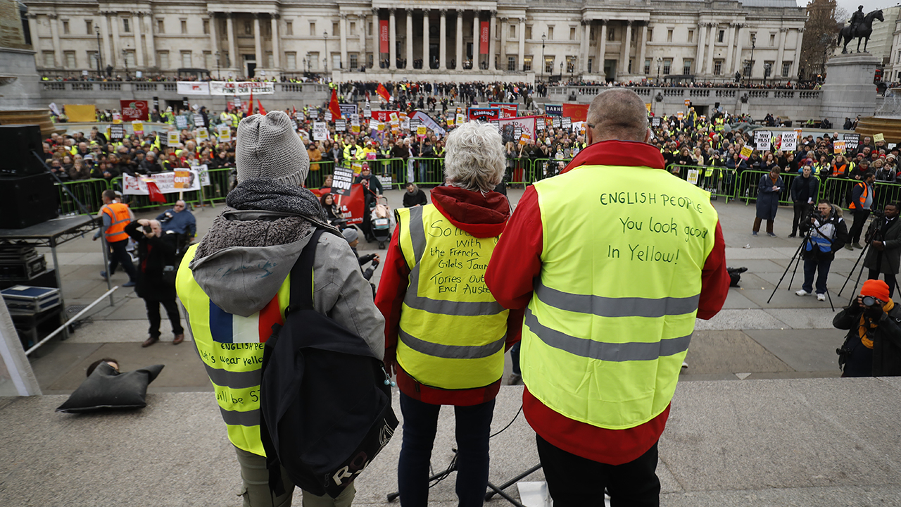 Hundreds of 'yellow vest' protesters rally in central London Hundreds of 'yellow vest' protesters rally in central London