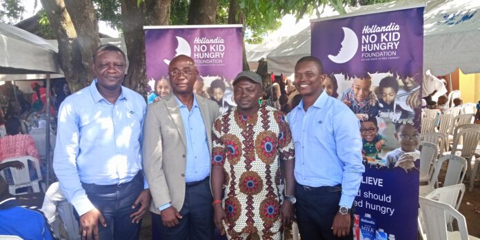 (L – R): Peter Adegor, Marketing Manager, CHI Ltd.; Ebere Osukwo, Director of Administration, CHI Ltd.; Chief Tajudeen Oniwolu, Baale, Bogije Oniwolu Estate and Godspower Utawure, Brand Manager, Operations and Activations, CHI Ltd.; during the visit and donation of gift items to children of the Bogije Internally Displaced Persons settlement by CHI Ltd., under the auspices of the Hollandia No Kid Hungry Foundation on Children’s Day, May 27, 2019 (L – R): Peter Adegor, Marketing Manager, CHI Ltd.; Ebere Osukwo, Director of Administration, CHI Ltd.; Chief Tajudeen Oniwolu, Baale, Bogije Oniwolu Estate and Godspower Utawure, Brand Manager, Operations and Activations, CHI Ltd.; during the visit and donation of gift items to children of the Bogije Internally Displaced Persons settlement by CHI Ltd., under the auspices of the Hollandia No Kid Hungry Foundation on Children’s Day, May 27, 2019