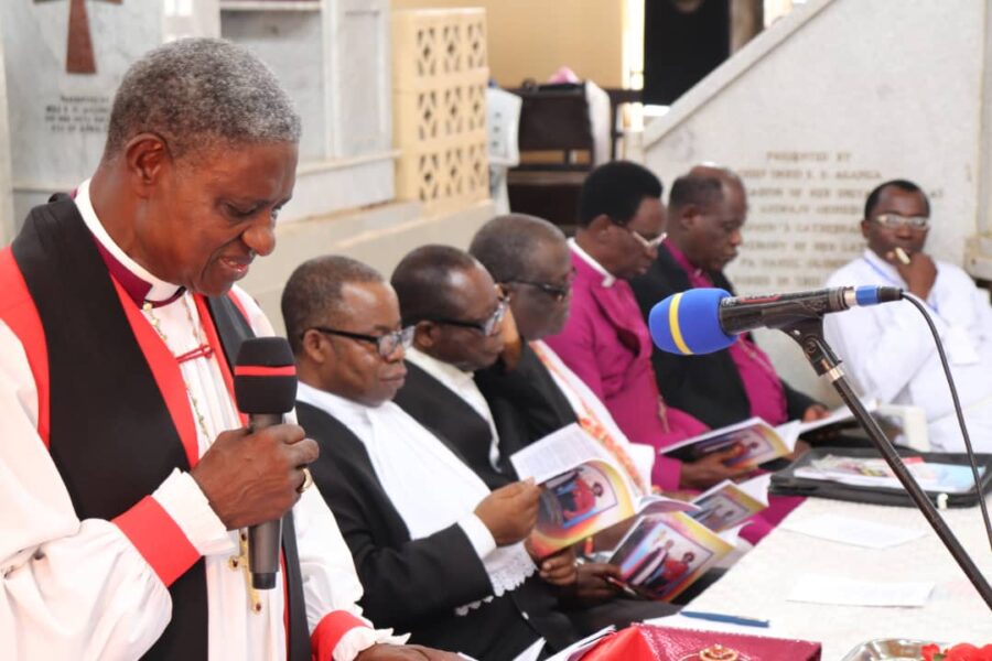 L-R: The Archbishop of Ecclesiastical Province of Ondo and Bishop of Akoko reading his charge on the theme "The Events of the End Time", the Chancellor of the Diocese, Hon. Justice Ademola Bola, the Diocesan Registrar, the Economic Adviser, Otunba Solomon Oladunni, Bishops Dahunsi of Idoani and Borokini of Akure and Ven. Dr. Ayejoto (Bible Study Leader) listening and following the charge as it is been delivered.