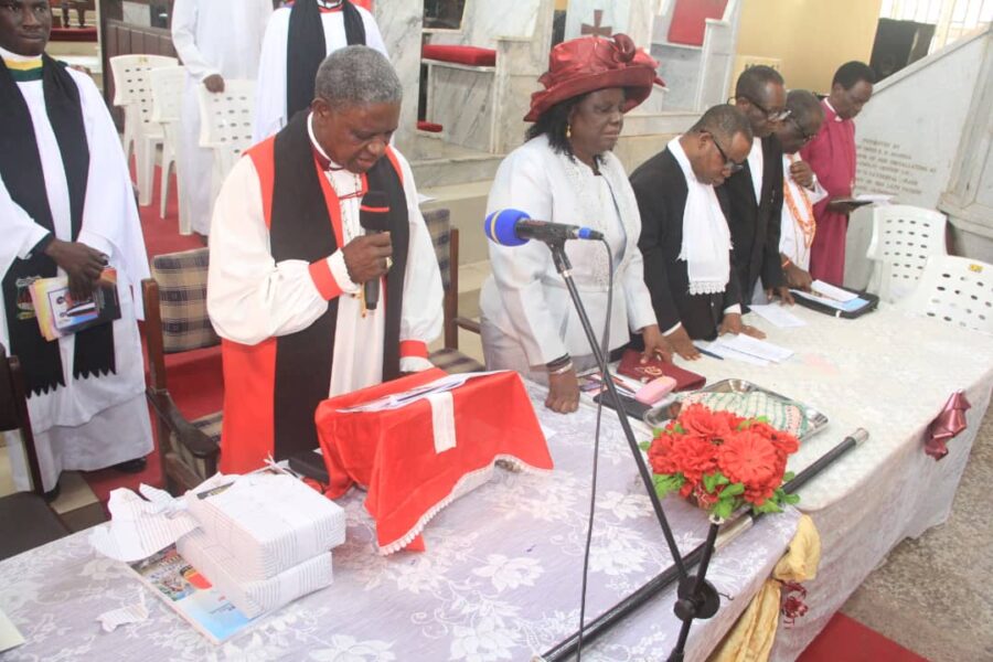 The Archbishop of Ondo Ecclesiastical Province and Bishop of Akoko reads his charge, while Mama Akoko and Ondo, Mrs. Stella A. Akinbiyi, Hon. Justice Bola, Bishop Dahunsi (Idoani)