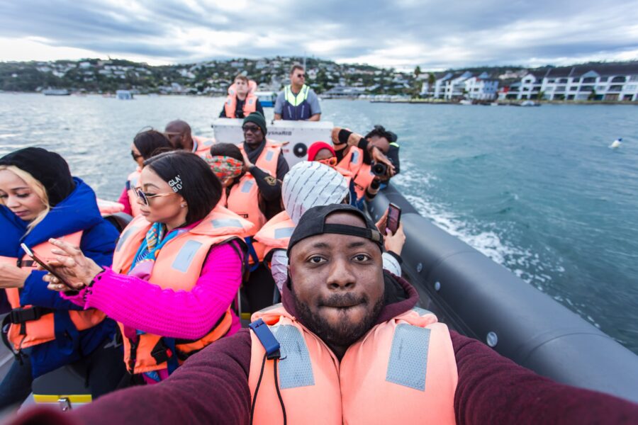 Group during the Power boat ride at the Knysa Logoon Water
