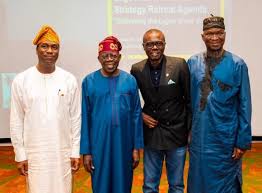 Mr Sanwo-Olu, his deputy, Obafemi Hamzat, and former governors Bola Tinubu and Babatunde Fashola at the retreat. Mr Sanwo-Olu, his deputy, Obafemi Hamzat, and former governors Bola Tinubu and Babatunde Fashola at the retreat