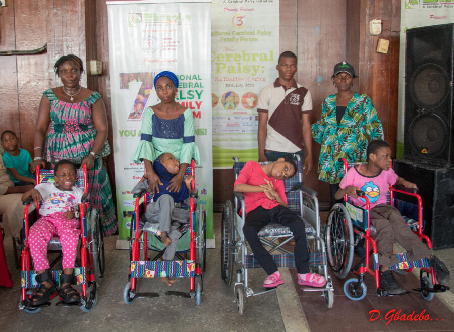 •Some CP (Cerebral Palsy) Children and thier parents who received Wheelchairs at the 7th National Family Forum