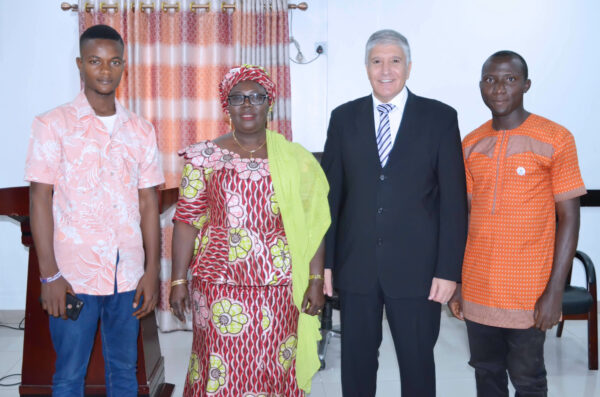 Director in Charge, Nigeria Christian Pilgrim Commission (NCPC), Esther Kwaghe (2nd left); Israeli Ambassador to Nigeria, Shimon Ben-Shoshan (2nd right) with the winners of the 2nd National Bible Contest in Nigeria, Chukuwuowo Jerry Chijioke (l) and Oyare Gideon (r) during a meeting to plan the winner’s trip to the Holy land of Israel at the NCPC corporate headquarters in Abuja, today.