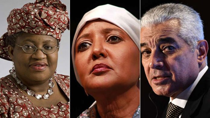 From left: Nigeria's Ngozi Okonjo-Iweala, Kenya's Amina Mohamed and Egypt's Abdel-Hamid Mamdouh, the three candidates from Africa contending for the WTO top seat. PHOTOS | AFP & NATION MEDIA GROUP From left: Nigeria's Ngozi Okonjo-Iweala, Kenya's Amina Mohamed and Egypt's Abdel-Hamid Mamdouh, the three candidates from Africa contending for the WTO top seat. PHOTOS | AFP & NATION MEDIA GROUP
