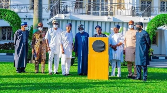 L-R: Gen. Alani Akinrinade (Retd); Osun State Governor, Mr. Adegboyega Oyetola; Lagos State Governor, Mr. Babajide Sanwo-Olu; Chief Pius Akinyelure; APC National Leader, Asiwaju Bola Tinubu; APC former interim National Chairman, Chief Bisi Akande; former Governor of Ogun State, Chief Olusegun Osoba; Ogun State Governor, Prince Dapo Abiodun and Speaker, House of Representatives, Rt. Hon. Femi Gbajabiamila during APC South West Leaders meeting at the Government House, Marina, Lagos, on Sunday, May 23, 2021 L-R: Gen. Alani Akinrinade (Retd); Osun State Governor, Mr. Adegboyega Oyetola; Lagos State Governor, Mr. Babajide Sanwo-Olu; Chief Pius Akinyelure; APC National Leader, Asiwaju Bola Tinubu; APC former interim National Chairman, Chief Bisi Akande; former Governor of Ogun State, Chief Olusegun Osoba; Ogun State Governor, Prince Dapo Abiodun and Speaker, House of Representatives, Rt. Hon. Femi Gbajabiamila during APC South West Leaders meeting at the Government House, Marina, Lagos, on Sunday, May 23, 2021