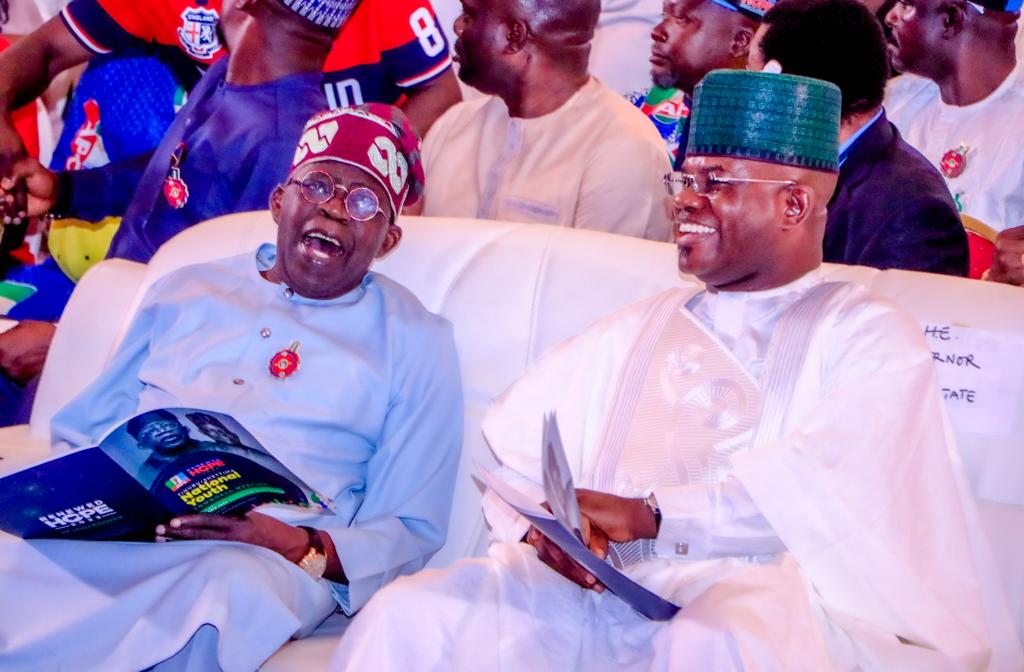 L-R: Presidential Candidate of the All Progressives Congress, Asiwaju Bola Tinubu, and National Coordinator of the Tinubu-Shettima Presidential Campaign, Governor Yahaya Bello of Kogi State, at the Bola Ahmed Tinubu National Youth Townhall Meeting, held in Abuja on Friday.