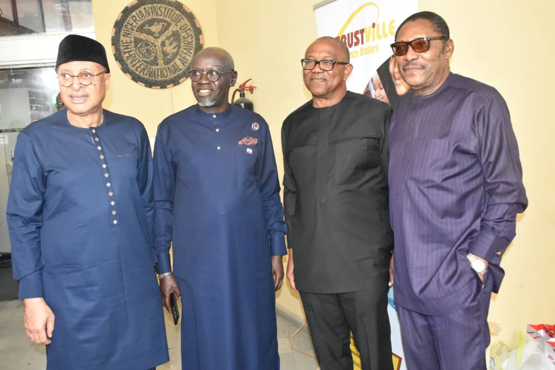 Founder of Centre for Value in Leadership (CVL) and the African Democratic Congress; prof Pat Utomi; Promoter of Taf Africa Global;Mustapha Njie ; Candidate of the Labour Party (LP) in Nigeria's 2023 presidential election ;Peter Obi and Mr Delly Ajifo at the 20th CVL Annual Lecture & International Leadership Symposium in Lagos.