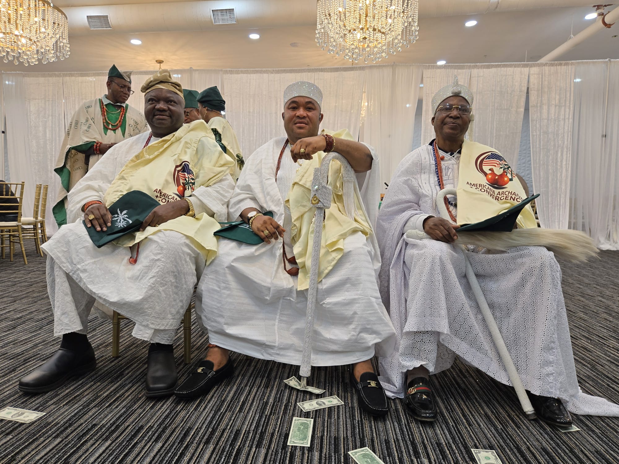 The Sooko Adimula Obalufon, Ile Ife, Oba Oladele Olasoji (left), the Oranfe of Ife, Oba Abiodun Mulato, and the Gegun of Aiyetoro Oke, Oba Nojimu Adelaja Afolabi, on Day 3 of the fiesta.