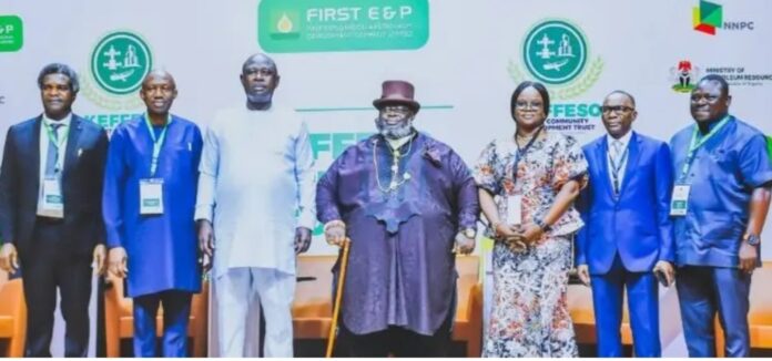 L-R: Executive Commissioner, HSEC, NUPRC, John Tonlagha; GM, FIRST E&P Development Company Limited, John Alamu; Minister of State for Petroleum Resources (Oil), Sen. Heineken Lokpobiri; Chairman, KEFFESO Host Communities Development Trust (KHCDT), HRH, Moses Theophilus; Deputy Manager, External Relations, NUIMS-NNPC, Olubunmi Lawson; Director, Legal Services, NCDMB, Barrister Naboth Onyesoh and Secretary, KHCDT, Hon. Matthew Sele-epri, during the KEFFESO Stakeholders Forum held in Yenagoa, Bayelsa State, at the weekend L-R: Executive Commissioner, HSEC, NUPRC, John Tonlagha; GM, FIRST E&P Development Company Limited, John Alamu; Minister of State for Petroleum Resources (Oil), Sen. Heineken Lokpobiri; Chairman, KEFFESO Host Communities Development Trust (KHCDT), HRH, Moses Theophilus; Deputy Manager, External Relations, NUIMS-NNPC, Olubunmi Lawson; Director, Legal Services, NCDMB, Barrister Naboth Onyesoh and Secretary, KHCDT, Hon. Matthew Sele-epri, during the KEFFESO Stakeholders Forum held in Yenagoa, Bayelsa State, at the weekend