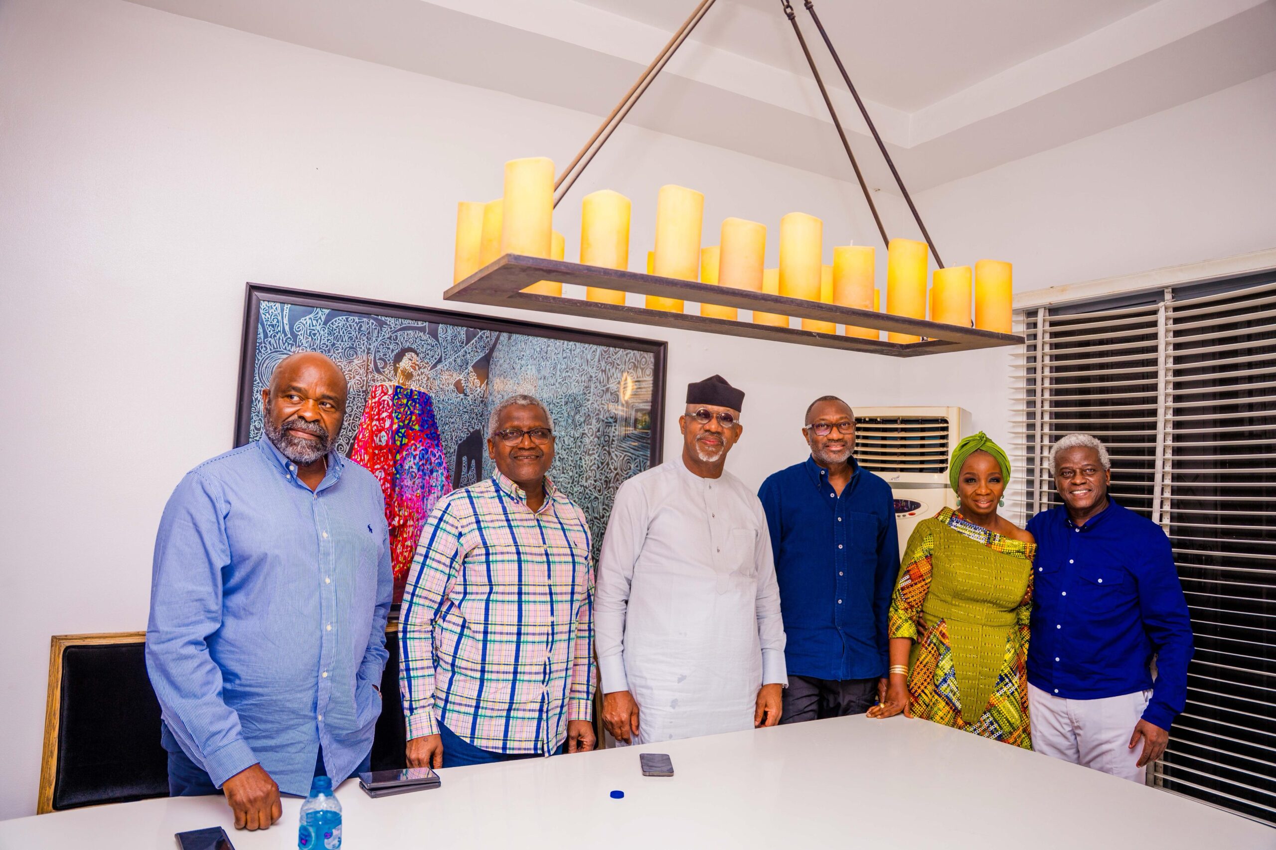 L-R: Sam Nwachukwu, Aliko Dangote, Dapo Abiodun, Femi Otedola, Yetunde Senbanjo and husband, Segun, during a condolence visit to the Sebanjos on Sunday