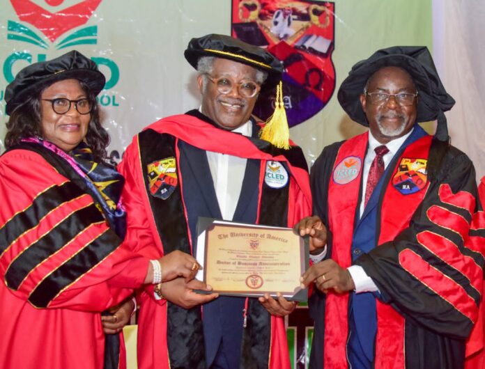 L-R: President/Provost, Icled Business School, Lekki, Prof Olajumoke Familoni; Awardee, Otunba Dr. Oluseyi Odutan, and Chairman of the day, Prof Oluwole Familoni, at the conferment of a Doctorate Degree (Honoris Causa) on Oduntan by University of America California and Curacao, Netherlands... on Saturday L-R: President/Provost, Icled Business School, Lekki, Prof Olajumoke Familoni; Awardee, Otunba Dr. Oluseyi Odutan, and Chairman of the day, Prof Oluwole Familoni, at the conferment of a Doctorate Degree (Honoris Causa) on Oduntan by University of America California and Curacao, Netherlands... on Saturday