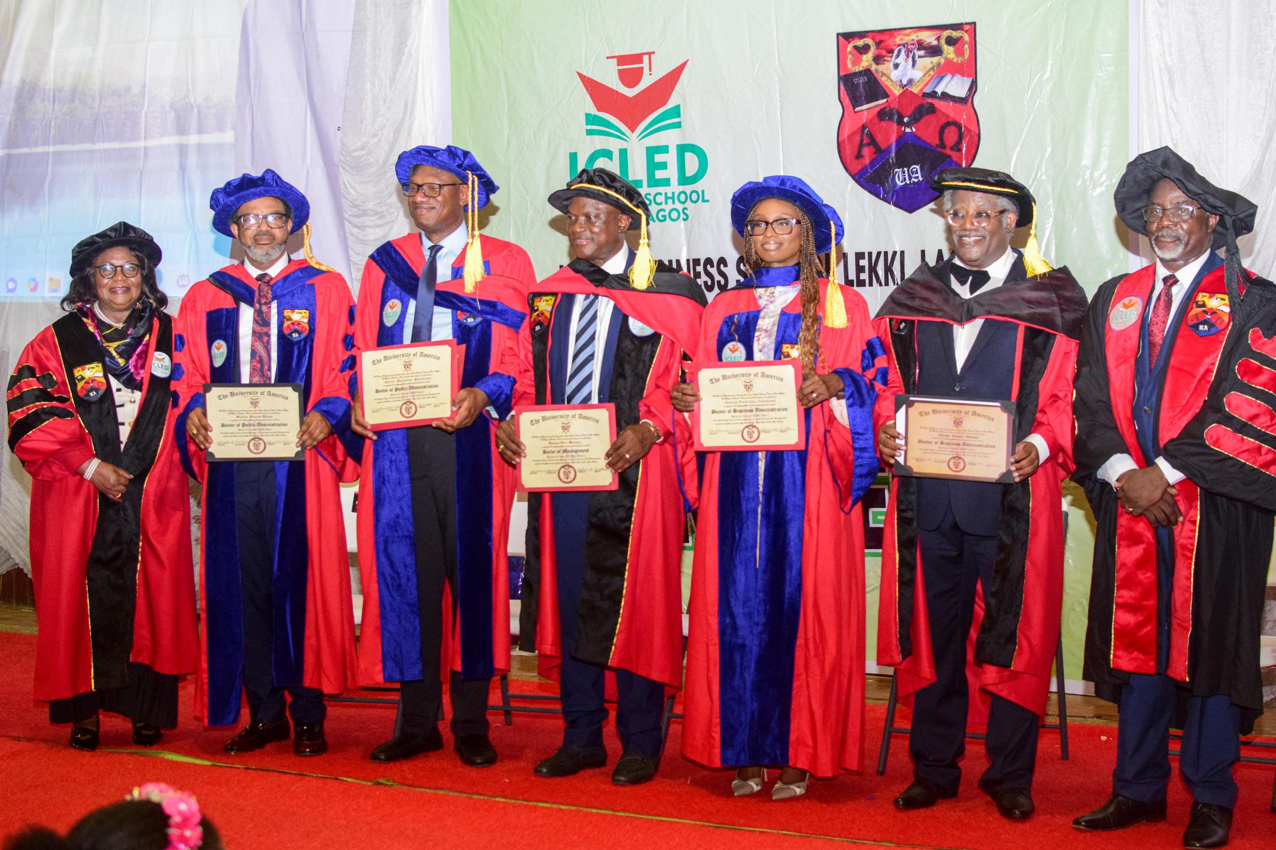 L-R: President/Provost, Icled Business School, Lekki, Prof Olajumoke Familoni; Awardees, Dr. Olumide Kolapo Osineye; Dr. Charles Okechukwu Nwachukwu; Engr. Adebayo Afeez Balogun; Dr. Mudiaga Nwachukwu; Otunba Dr. Oluseyi Odutan, and Chairman of the day, Prof Oluwole Familoni, at the conferment of a Doctorate Degree (Honoris Causa) by University of America California and Curacao, Netherlands in partnership with Icled Business School, Lekki, Lagos