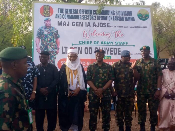 2nd left, The Sultan of Sokoto, Muhammad Sa'ad Abubakar represented at the occasion by Dr Jabi Kilgori (Sayin Kilgori) COAS Lt.Gen. Olufemi Oluyode represented by the Commander, Cyber Warfare Command, Major General Adeleke Ayannuga, GOC 8 Div, Maj. Gen. Ibikunle Ajose at the COAS Eid-el-Adha celebration with troops of Operation FATSAN YAMMA in Sokoto today. 